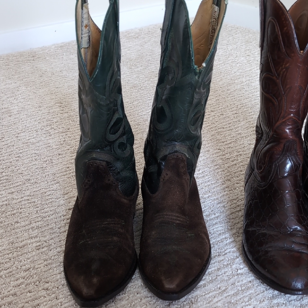 Men's Two-Tone Chocolate Brown/ Dark Green Leather Shank Leather Western Boots